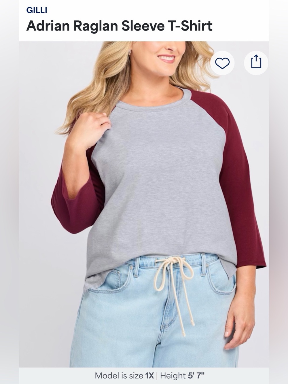 Gilli Gray & Burgundy Raglan Baseball Tee Long Sleeve Women’s 3X